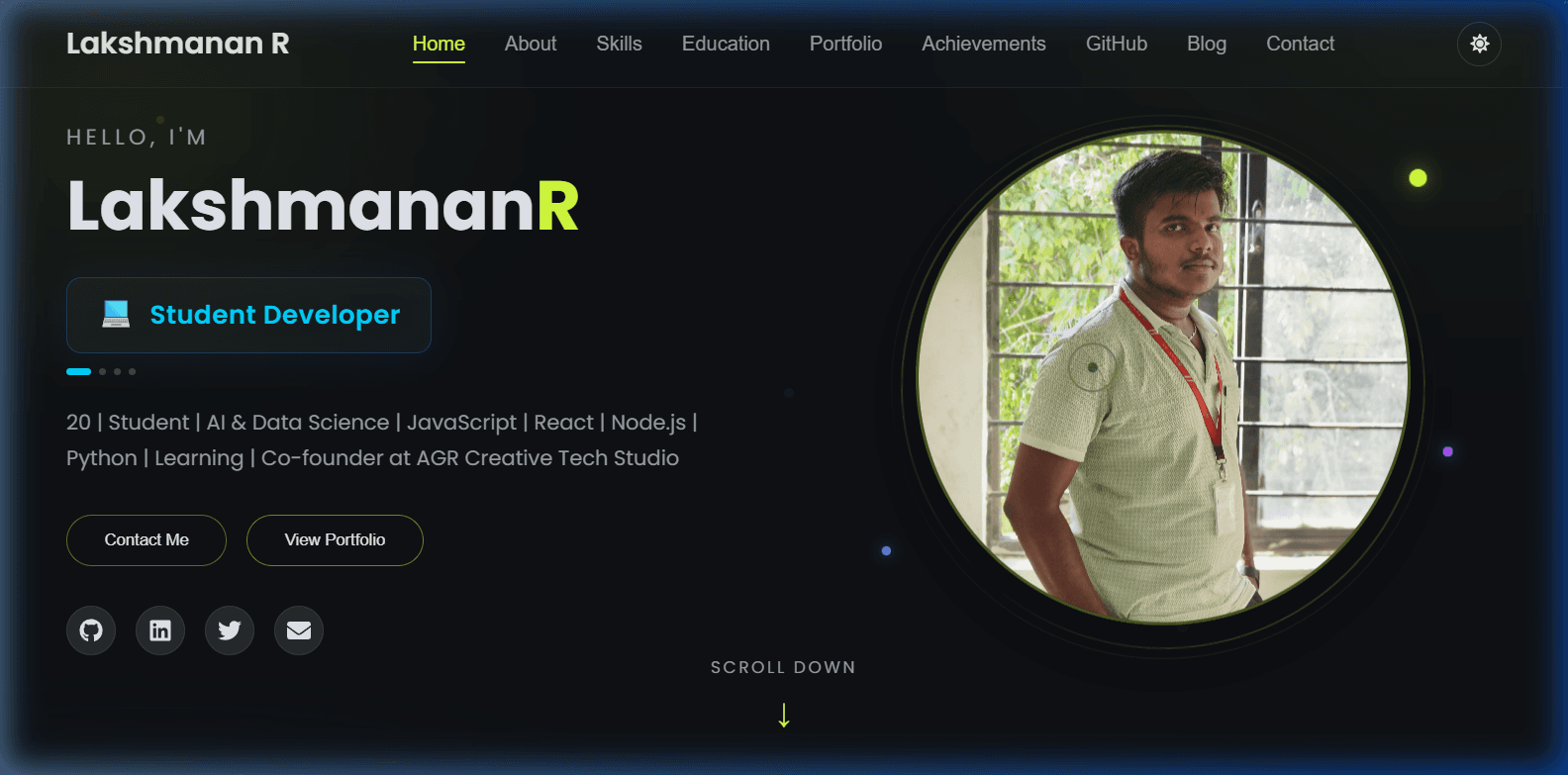 Lakshmanan R professional developer portfolio website homepage showcasing technical projects and dark theme design